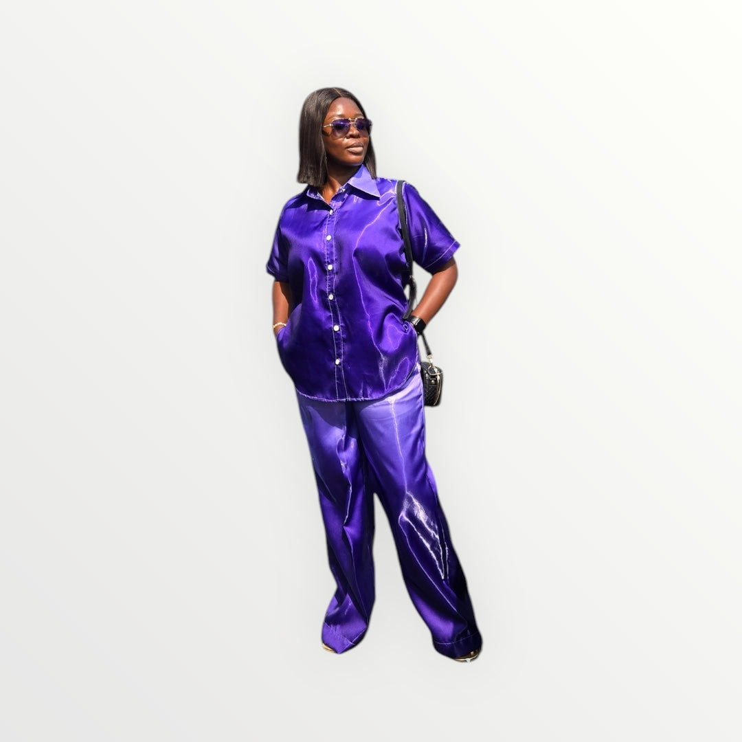 Silky shirt and wide legged pants
