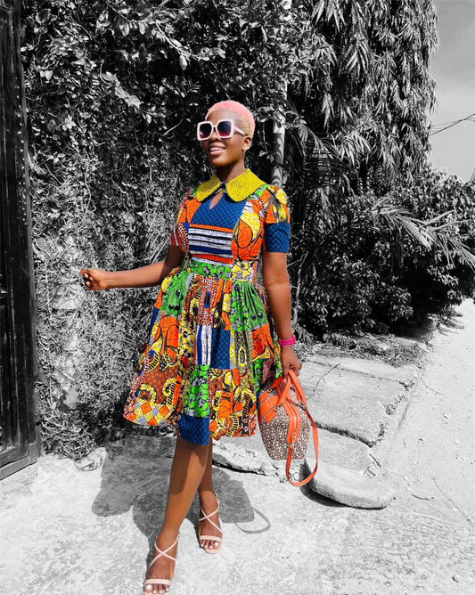 Ankara patch beaded collar dress